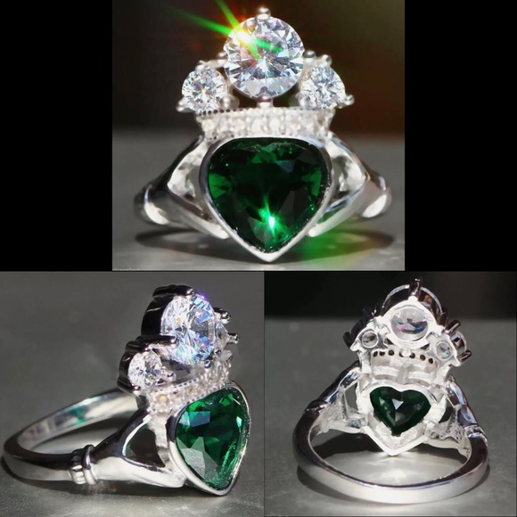 New Deluxe Emerald Zircon Chalada Heart Crown Ring - Picture 4 of 5